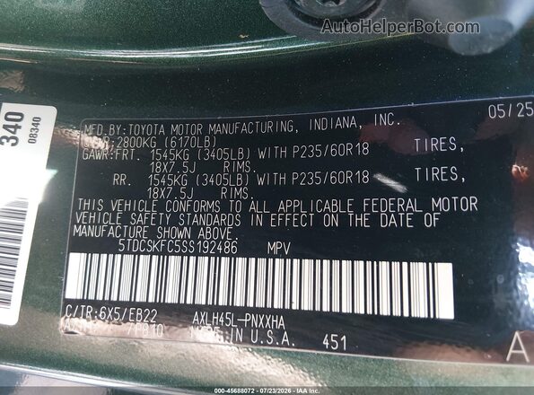 5TDCSKFC5SS192486 2025 TOYOTA SIENNA Green Շարժիչի բաժամունքի տեսք