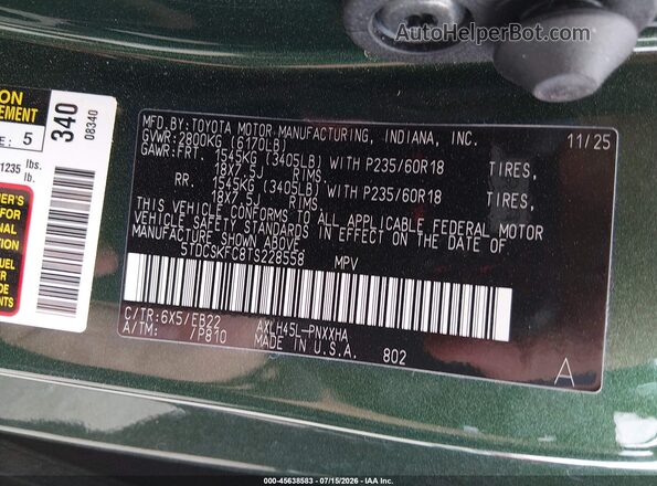 5TDCSKFC8TS228558 2026 TOYOTA SIENNA Green Вид підкапотного простору