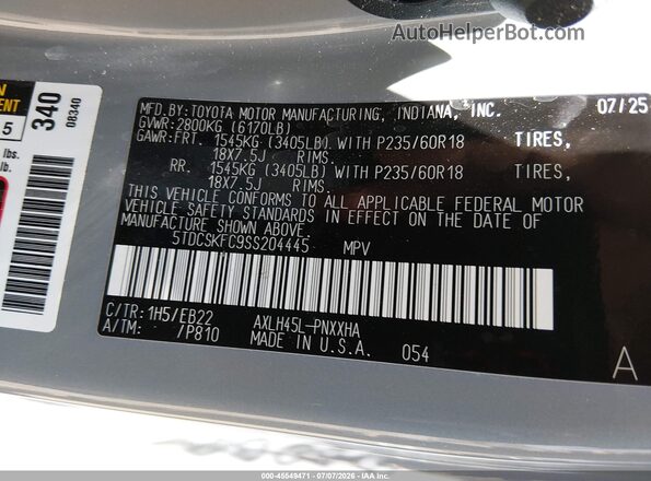 5TDCSKFC9SS204445 2025 TOYOTA SIENNA Gray Engine compartment view