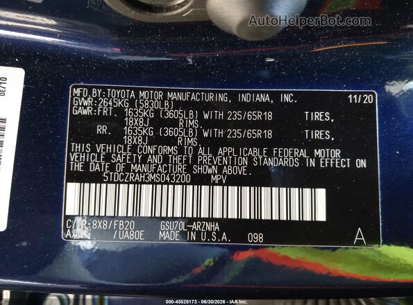 5TDCZRAH3MS043200 2021 TOYOTA HIGHLANDER Синий Вид подкапотного пространства