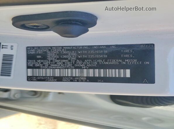 5TDCZRAH4MS077520 2021 TOYOTA HIGHLANDER White Widok wnętrza 360 stopni