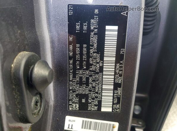 5TDCZRAH8NS099666 2022 TOYOTA HIGHLANDER Gray VIN კოდის სტიკერის ხედი