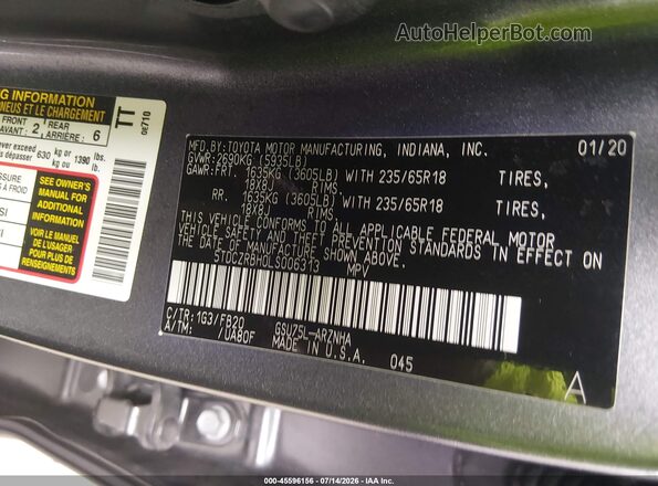 5TDCZRBH0LS006313 2020 TOYOTA HIGHLANDER Gray Շարժիչի բաժամունքի տեսք