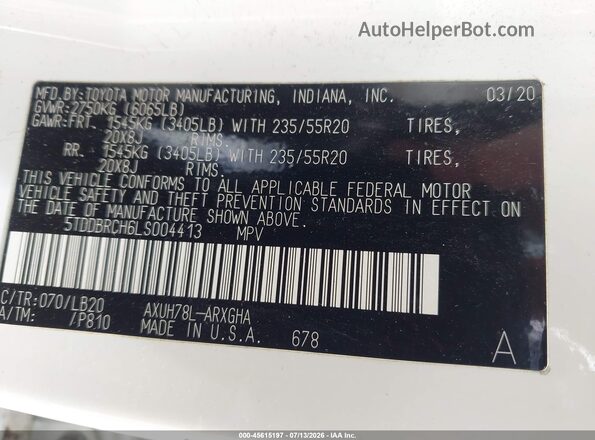 5TDDBRCH6LS004413 2020 TOYOTA HIGHLANDER White Widok komory silnika