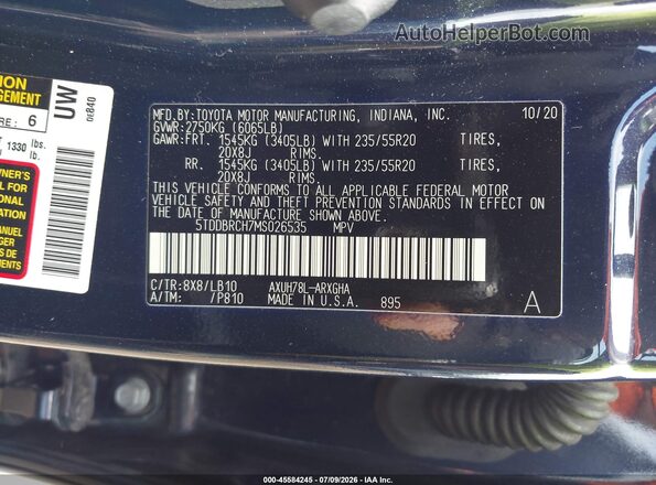 5TDDBRCH7MS026535 2021 TOYOTA HIGHLANDER Dark Blue Вид подкапотного пространства