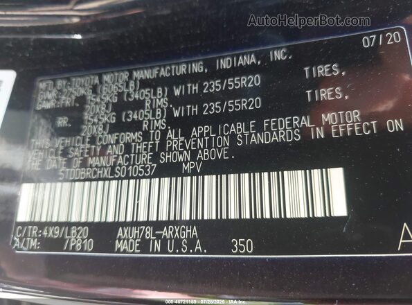 5TDDBRCHXLS010537 2020 TOYOTA HIGHLANDER Black Vista del compartimento del motor
