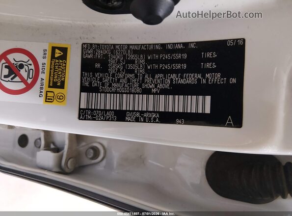 5TDDCRFH0GS018080 2016 TOYOTA HIGHLANDER HYBRID White Widok komory silnika