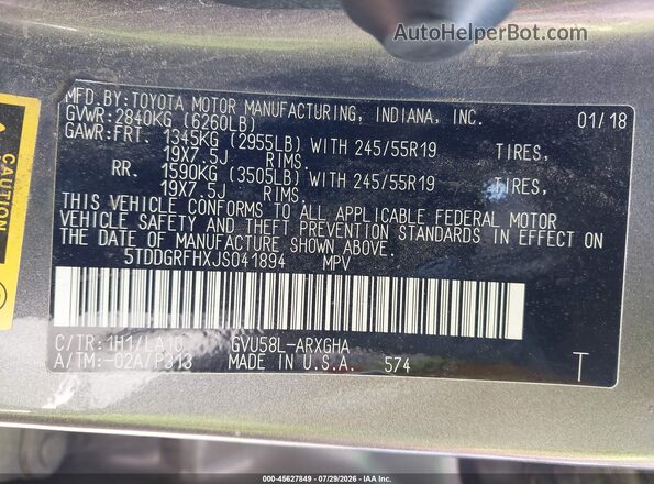 5TDDGRFHXJS041894 2018 TOYOTA HIGHLANDER HYBRID Silver ძრავის განყოფილების ხედი