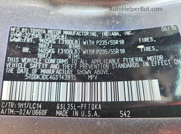 5TDDK3DC4GS143915 2016 TOYOTA SIENNA Gray VIN կոդի պիտակի տեսք