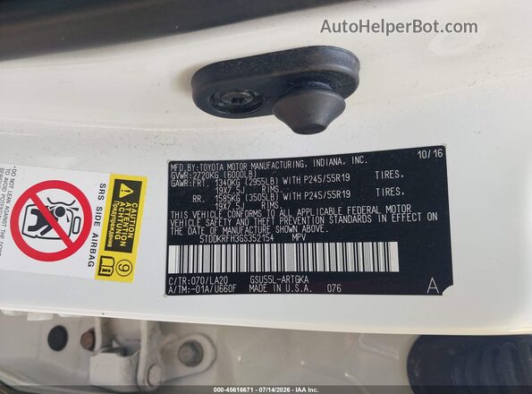 5TDDKRFH3GS352154 2016 TOYOTA HIGHLANDER White Вид підкапотного простору
