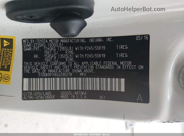 5TDDKRFHXGS290218 2016 TOYOTA HIGHLANDER White Engine compartment view