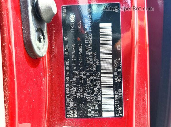5TDDRKEC1MS034845 2021 TOYOTA SIENNA Red VIN კოდის სტიკერის ხედი