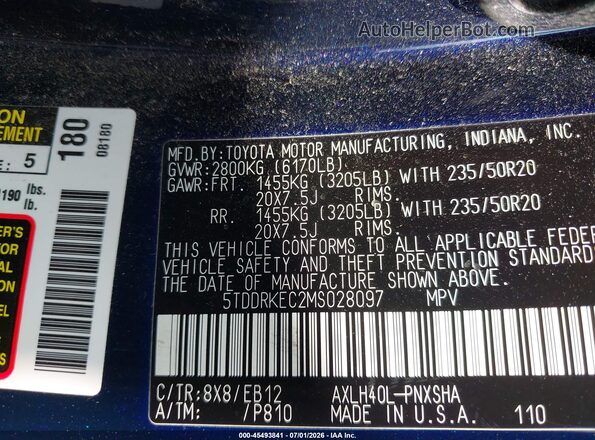 5TDDRKEC2MS028097 2021 TOYOTA SIENNA Dark Blue Շարժիչի բաժամունքի տեսք