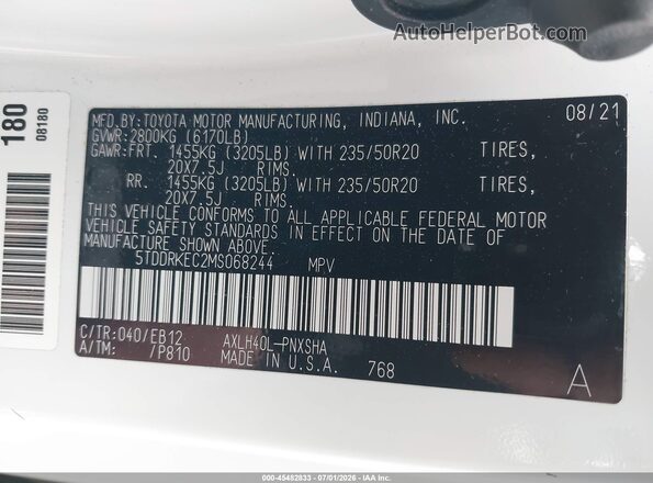 5TDDRKEC2MS068244 2021 TOYOTA SIENNA White Engine compartment view