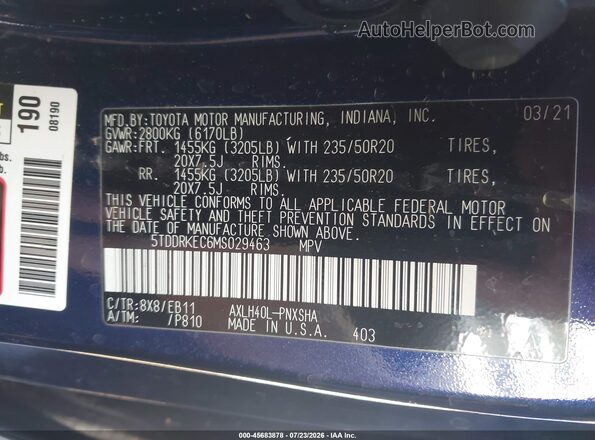 5TDDRKEC6MS029463 2021 TOYOTA SIENNA Purple Вид підкапотного простору