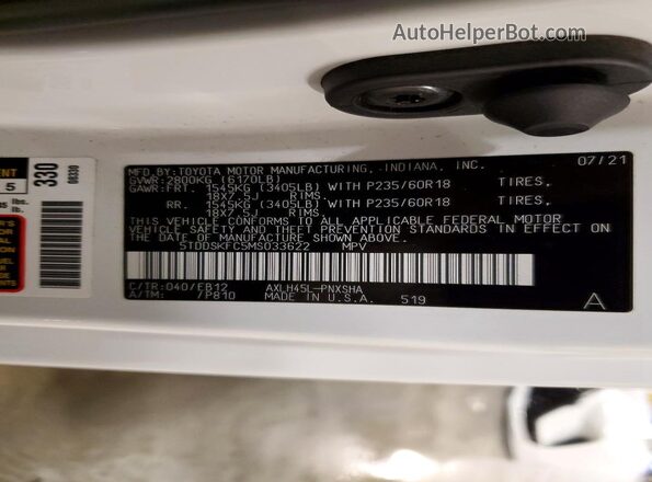 5TDDSKFC5MS033622 2021 TOYOTA SIENNA White Панорамний вид салону 360°