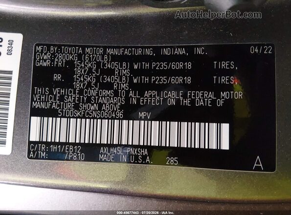 5TDDSKFC5NS060496 2022 TOYOTA SIENNA Gray ძრავის განყოფილების ხედი
