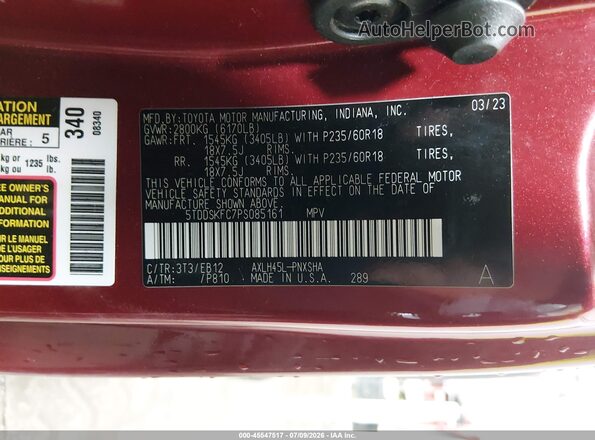5TDDSKFC7PS085161 2023 TOYOTA SIENNA Burgundy Շարժիչի բաժամունքի տեսք