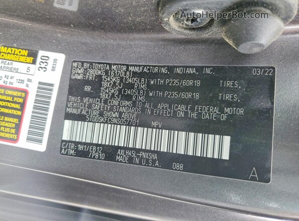 5TDDSKFC9NS057701 2022 TOYOTA SIENNA Серый Вид наклейки с VIN-кодом