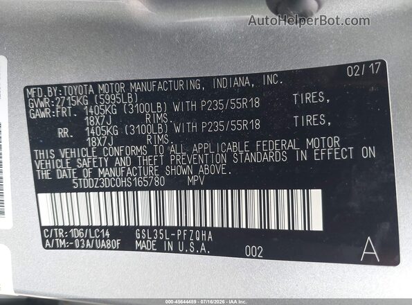 5TDDZ3DC0HS165780 2017 TOYOTA SIENNA Серебряный Вид подкапотного пространства