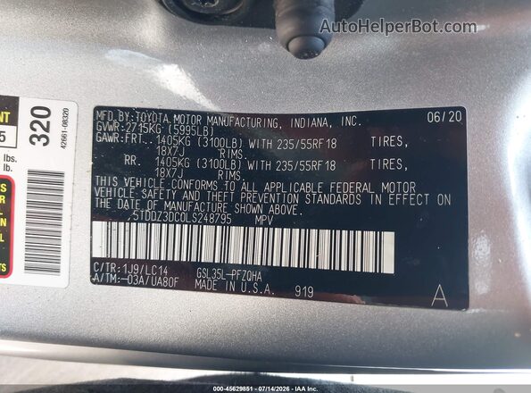 5TDDZ3DC0LS248795 2020 TOYOTA SIENNA Silver Vista del compartimento del motor