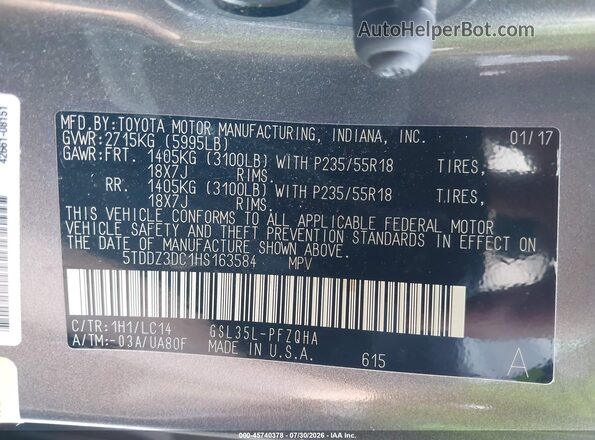 5TDDZ3DC1HS163584 2017 TOYOTA SIENNA Gray Engine compartment view