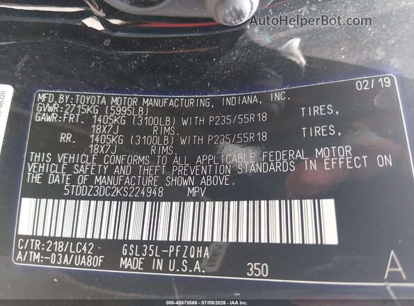 5TDDZ3DC2KS224948 2019 TOYOTA SIENNA Black Вид підкапотного простору