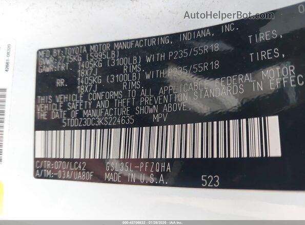 5TDDZ3DC3KS224635 2019 TOYOTA SIENNA Белый Вид подкапотного пространства