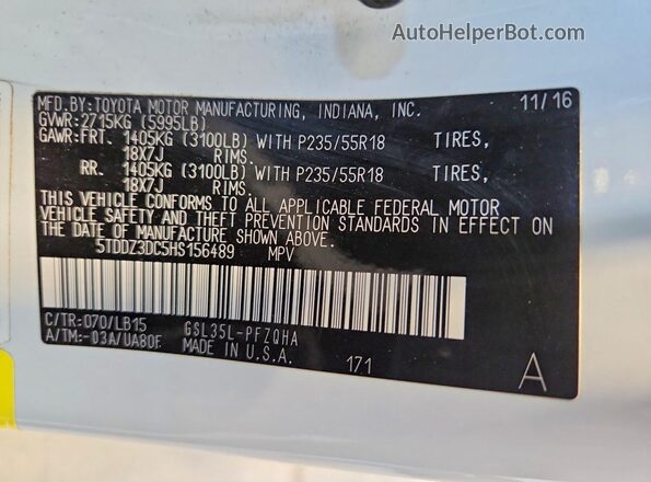 5TDDZ3DC5HS156489 2017 TOYOTA SIENNA White Widok naklejki z numerem VIN