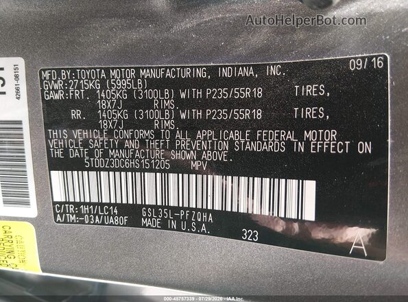 5TDDZ3DC6HS151205 2017 TOYOTA SIENNA Gray Engine compartment view