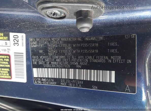 5TDDZ3DC7KS221026 2019 TOYOTA SIENNA Blue Вид підкапотного простору