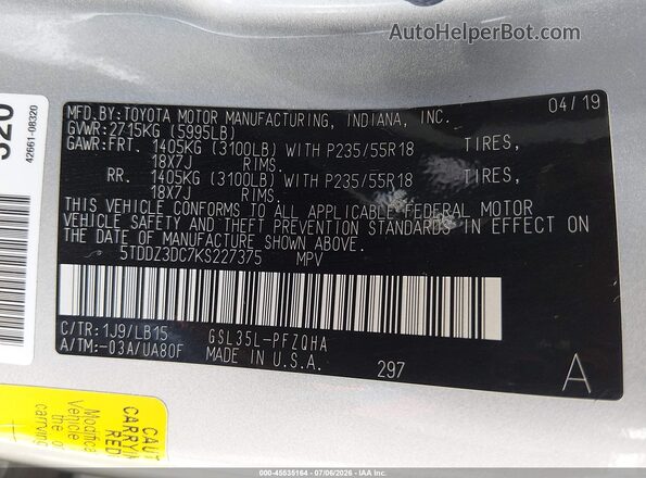 5TDDZ3DC7KS227375 2019 TOYOTA SIENNA Silver Вид підкапотного простору