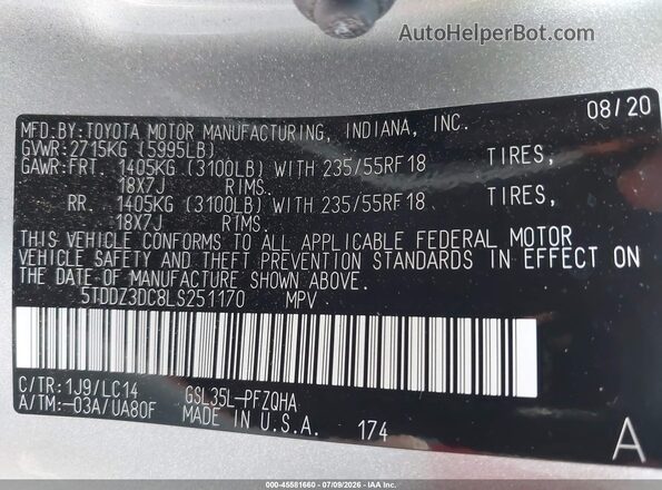 5TDDZ3DC8LS251170 2020 TOYOTA SIENNA Silver Widok komory silnika