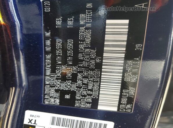 5TDDZRBH0LS013301 2020 TOYOTA HIGHLANDER Blue Widok naklejki z numerem VIN