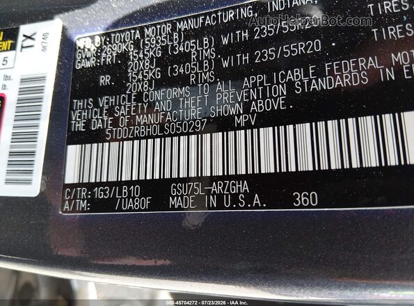 5TDDZRBH0LS050297 2020 TOYOTA HIGHLANDER Gray Вид підкапотного простору