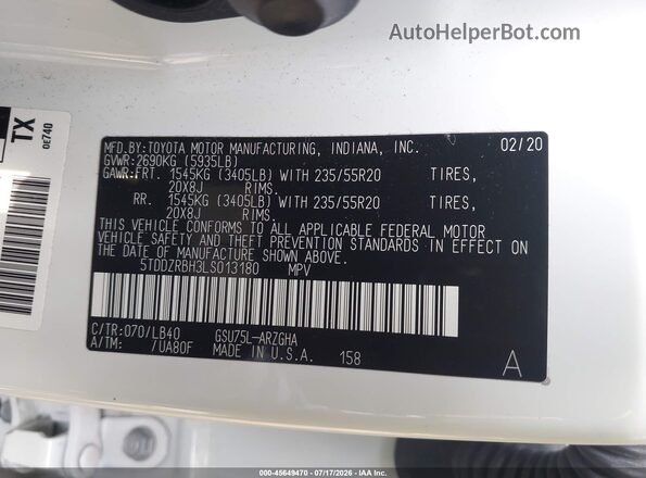5TDDZRBH3LS013180 2020 TOYOTA HIGHLANDER White Вид підкапотного простору