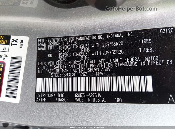 5TDDZRBH3LS015267 2020 TOYOTA HIGHLANDER Gray Engine compartment view