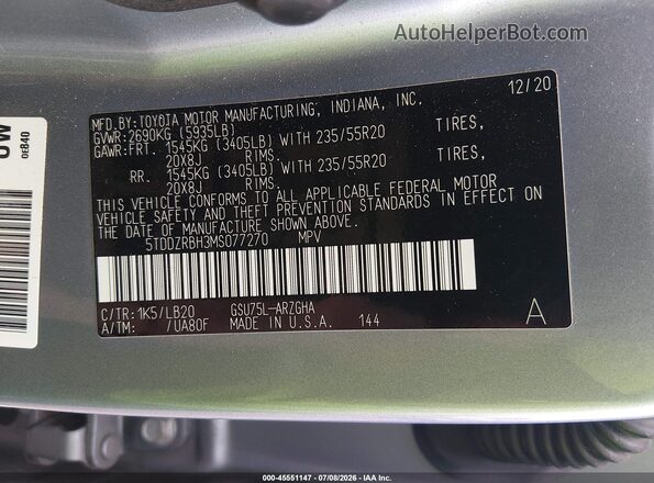 5TDDZRBH3MS077270 2021 TOYOTA HIGHLANDER Light Blue Вид подкапотного пространства