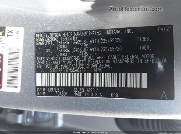 5TDDZRBH7MS540219 2021 TOYOTA HIGHLANDER Серебряный Вид подкапотного пространства