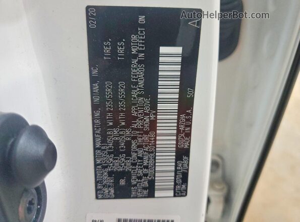 5TDDZRBH9LS014480 2020 TOYOTA HIGHLANDER White VIN კოდის სტიკერის ხედი
