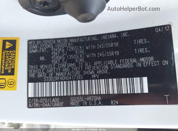 5TDDZRFH0HS417393 2017 TOYOTA HIGHLANDER White Engine compartment view