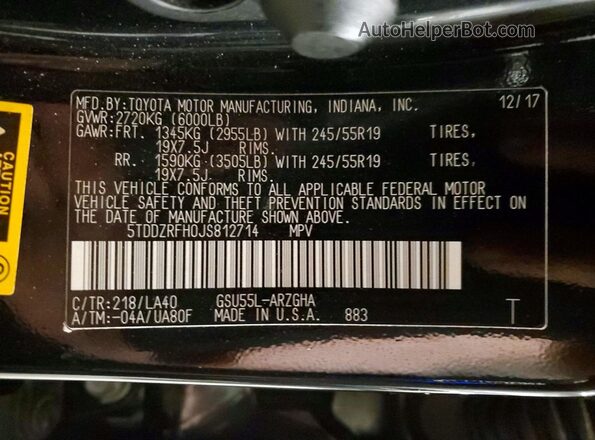 5TDDZRFH0JS812714 2018 TOYOTA HIGHLANDER Black Vista de la etiqueta del VIN