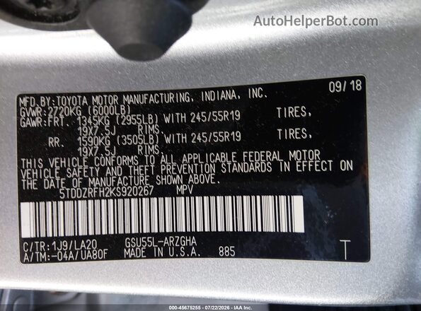 5TDDZRFH2KS920267 2019 TOYOTA HIGHLANDER Silver Вид підкапотного простору