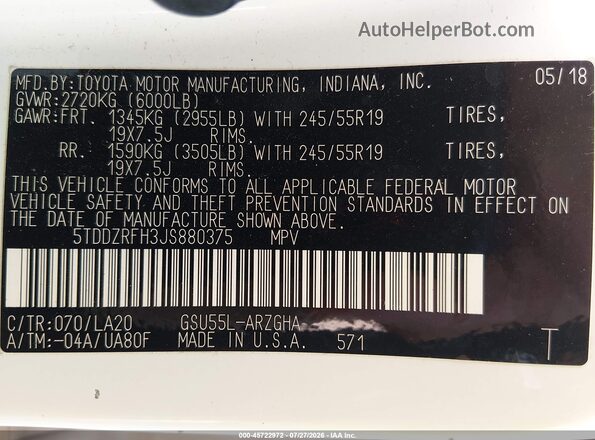 5TDDZRFH3JS880375 2018 TOYOTA HIGHLANDER White Widok komory silnika