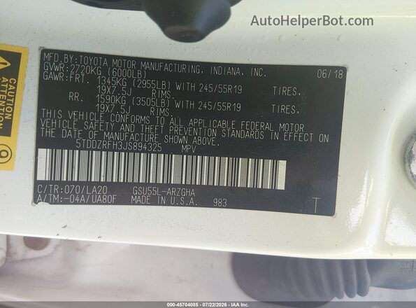 5TDDZRFH3JS894325 2018 TOYOTA HIGHLANDER White Вид підкапотного простору