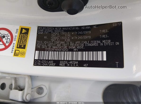 5TDDZRFH4HS410253 2017 TOYOTA HIGHLANDER White Vista del compartimento del motor