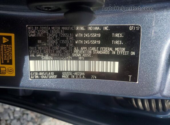 5TDDZRFH4HS453121 2017 TOYOTA HIGHLANDER Blue Vista del compartimento del motor