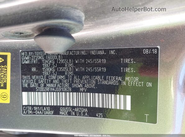 5TDDZRFH4JS910628 2018 TOYOTA HIGHLANDER Gray Vista del compartimento del motor
