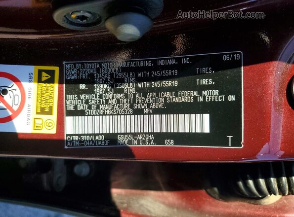 5TDDZRFH6KS705328 2019 TOYOTA HIGHLANDER Темно-бордовый Панорамный вид салона 360°