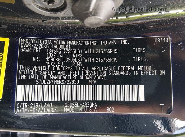 5TDDZRFH6KS722839 2019 TOYOTA HIGHLANDER Black Widok komory silnika